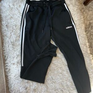 Adidas Black Track Pants with White Stripes and Elastic Waistband
